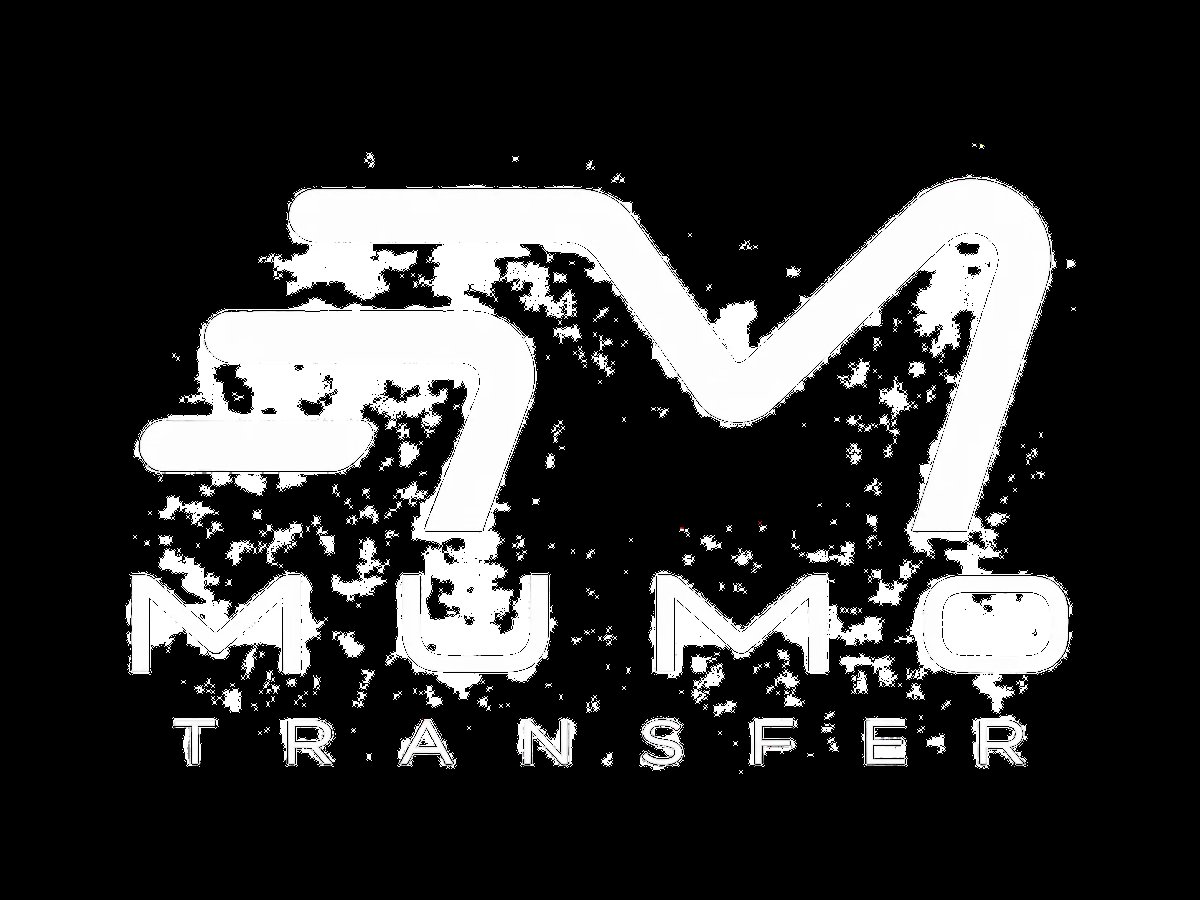 MuMu Transfer logo with stylized MM lettering and sparkle effects on black background